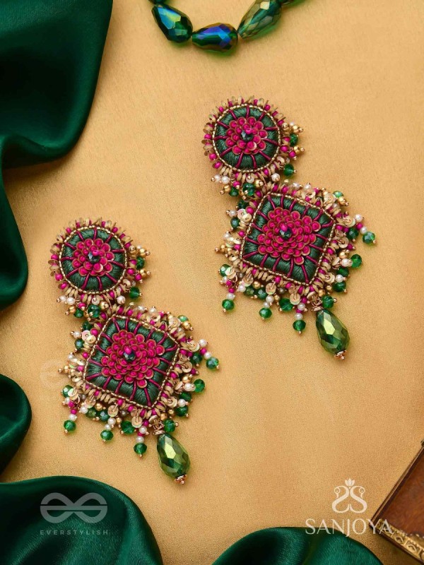Ardramanjari - The Peony Cluster - Resham, Beads And Glass Drops Hand Embroidered Earrings