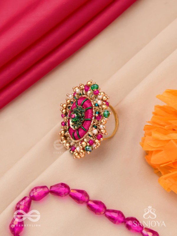 Bibhrat - The Luminous Pink - Resham, Beads And Dabka Hand Embroidered Ring (Adjustable)