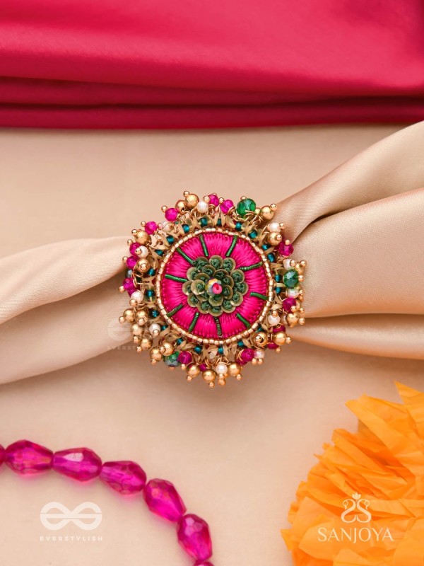 Bibhrat - The Luminous Pink - Resham, Beads And Dabka Hand Embroidered Ring (Adjustable)