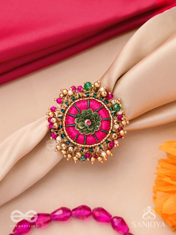 Bibhrat - The Luminous Pink - Resham, Beads And Dabka Hand Embroidered Ring (Adjustable)