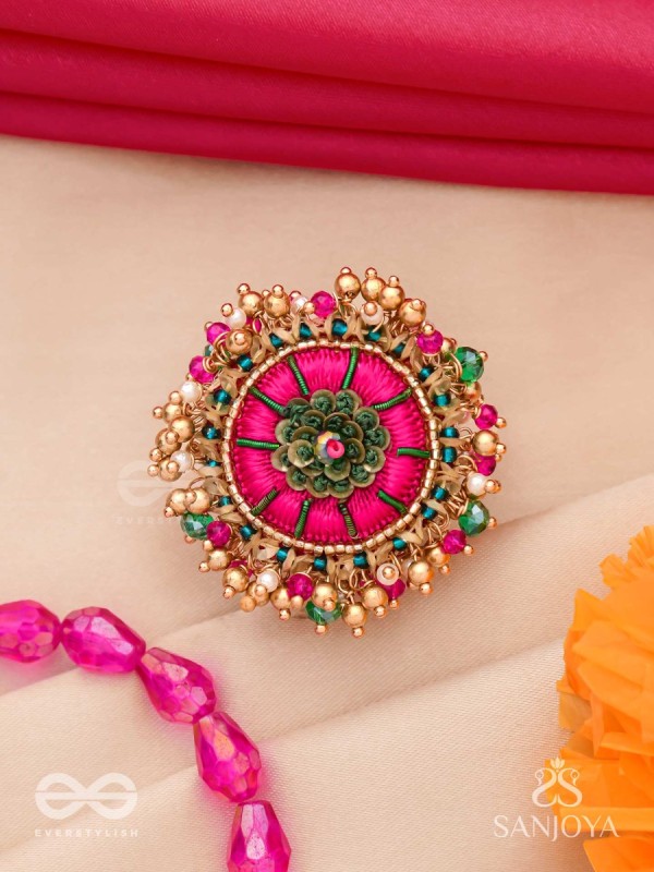 Bibhrat - The Luminous Pink - Resham, Beads And Dabka Hand Embroidered Ring (Adjustable)