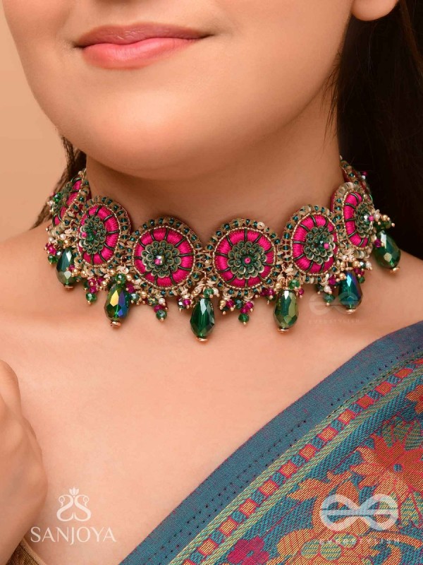 Sankirnau - The Floral Vine - Resham, Beads, Sequins And Glass Drops Hand Embroidered Choker Neckpiece