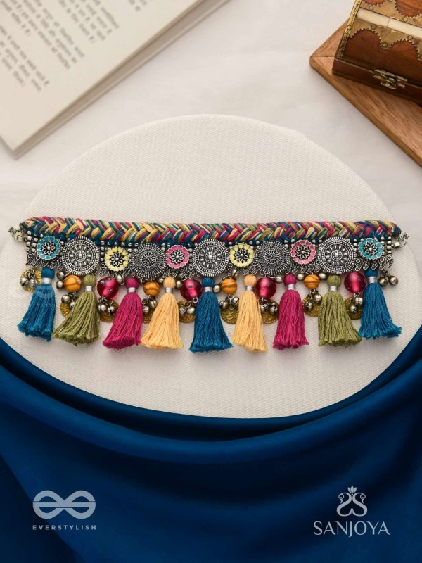 Akalka - The Moonlit Fur - Resham, Beads And Coins Hand Embroidered Oxidised Choker Neckpiece