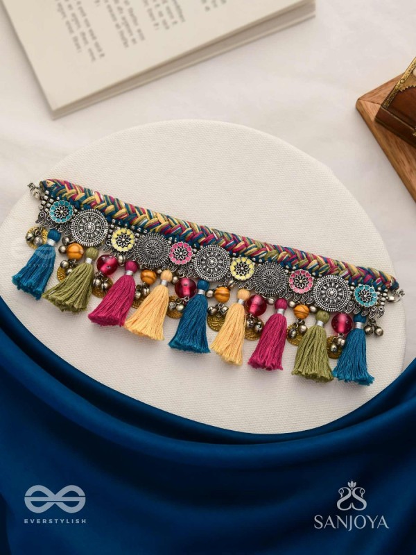 Akalka - The Moonlit Fur - Resham, Beads And Coins Hand Embroidered Oxidised Choker Neckpiece