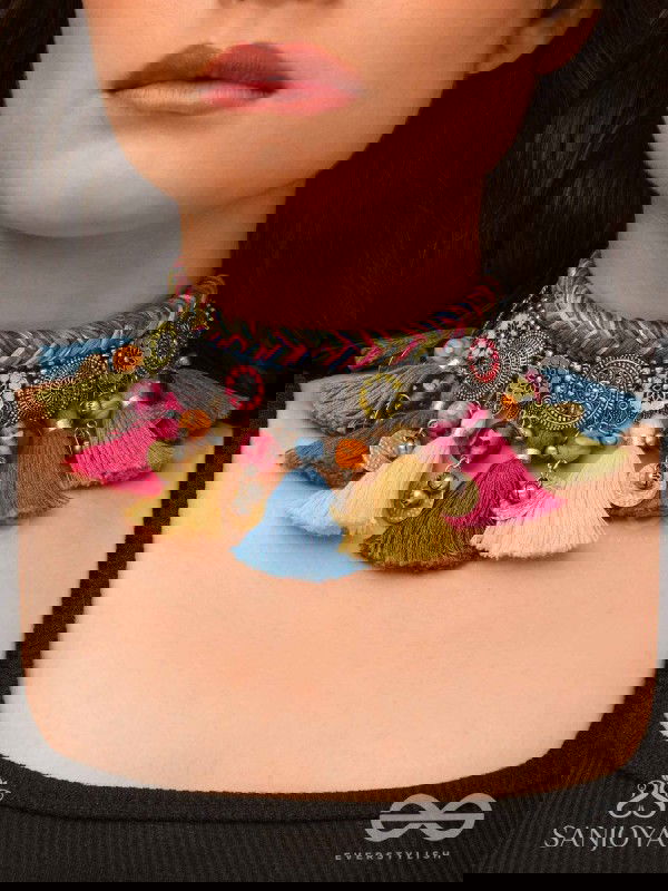 Akalka - The Moonlit Fur - Resham, Beads And Coins Hand Embroidered Oxidised Choker Neckpiece