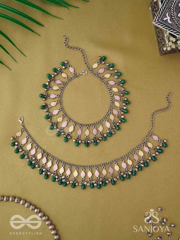 Kadkani - The Pastel Bells - Enamelled Oxidised Anklets (Set Of 2)