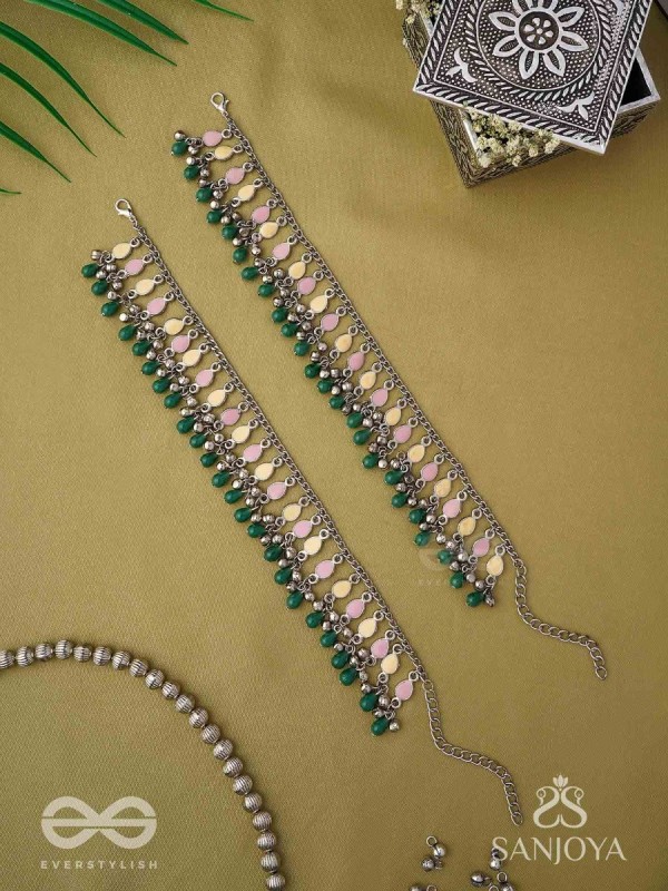 Kadkani - The Pastel Bells - Enamelled Oxidised Anklets (Set Of 2)
