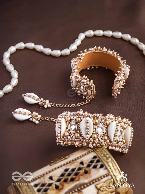 Prachurya - The Marine Abundance - Shells, Mirrors And Beads Hand Embroidered Cuff Bracelets (Set Of 2)