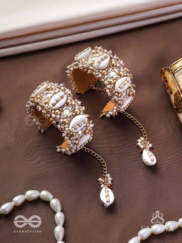 Prachurya - The Marine Abundance - Shells, Mirrors And Beads Hand Embroidered Cuff Bracelets (Set Of 2)