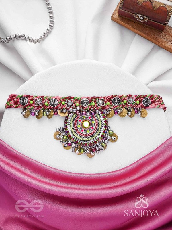 Mrigarsukt - The Hymns Of Flowers  - Resham, Coins And Beads Hand Embroidered Oxidised Choker Neckpiece