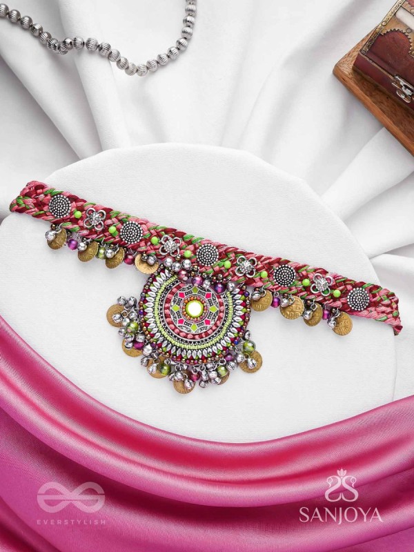 Mrigarsukt - The Hymns Of Flowers  - Resham, Coins And Beads Hand Embroidered Oxidised Choker Neckpiece