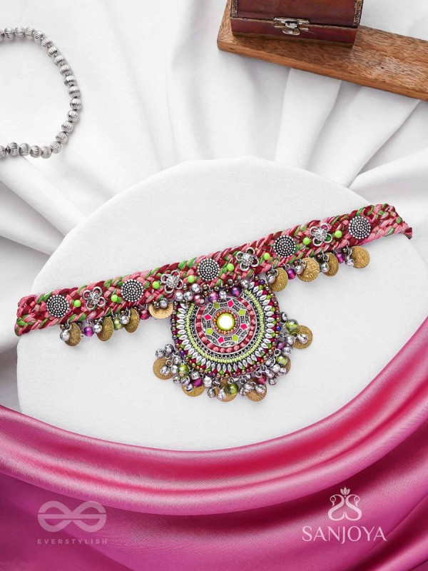 Mrigarsukt - The Hymns Of Flowers  - Resham, Coins And Beads Hand Embroidered Oxidised Choker Neckpiece