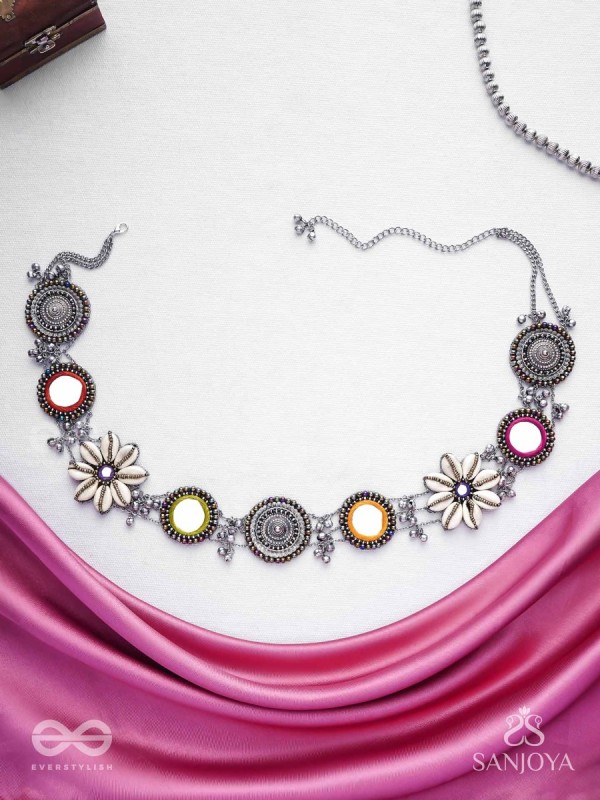 Pratibimban - The Spherical Reflection - Shells, Mirrors, Resham And Beads Hand Embroidered Oxidised Kamarbandh