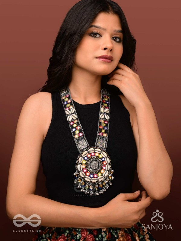 Sheetbhanviye - The Lunar Celebrations - Shells, Mirrors, Resham And Glass Drops Hand Embroidered Oxidised Neckpiece