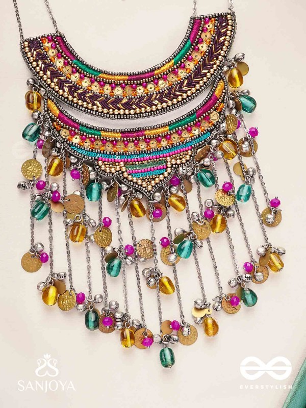 Kvan - The Layered Chimes - Resham, Beads, Coins And Glass Drops Hand Embroidered Oxidised Neckpiece