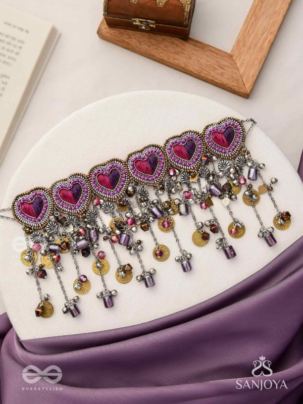 Prageet - Song Of The Hearts - Resham, Dabka, Beads And Coins Hand Embroidered Oxidised Choker Neckpiece
