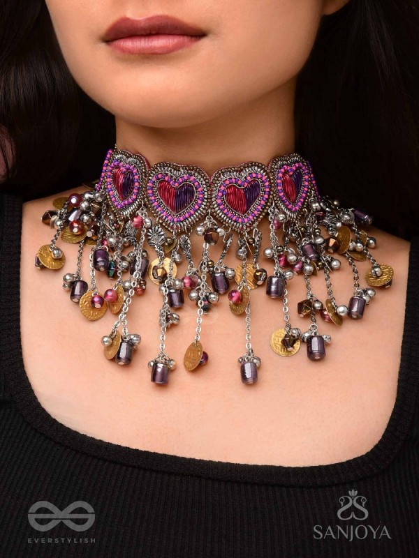 Prageet - Song Of The Hearts - Resham, Dabka, Beads And Coins Hand Embroidered Oxidised Choker Neckpiece