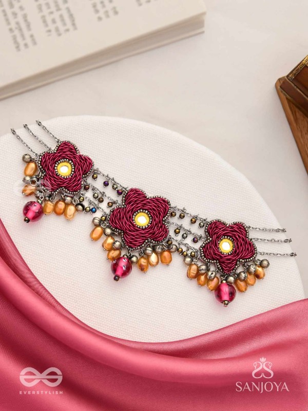 Sumanas - The Burgundy Flowers - Mirror, Resham, Dabka And Glass Drops Hand Embroidered Oxidised Choker Neckpiece