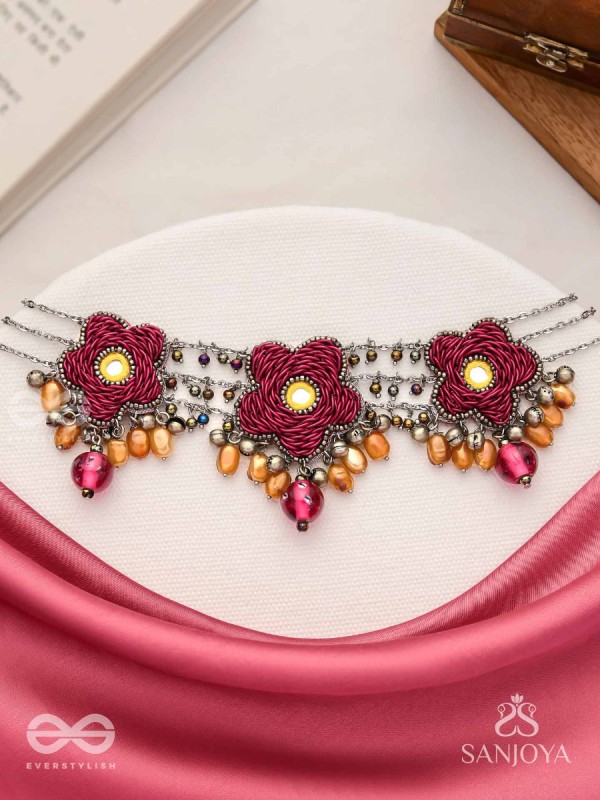 Sumanas - The Burgundy Flowers - Mirror, Resham, Dabka And Glass Drops Hand Embroidered Oxidised Choker Neckpiece