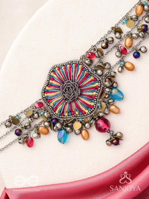 Shaleenta - The Shy Posy - Resham, Dabka And Glass Drops Hand Embroidered Oxidised Choker Neckpiece