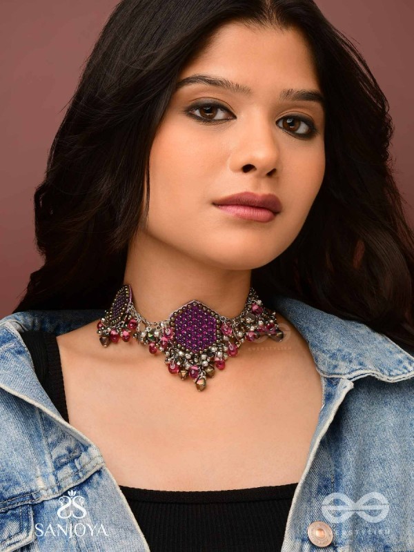 Sukhodaye - The Wine Honeycomb - Beads And Glass Drops Hand Embroidered Oxidised Choker Neckpiece