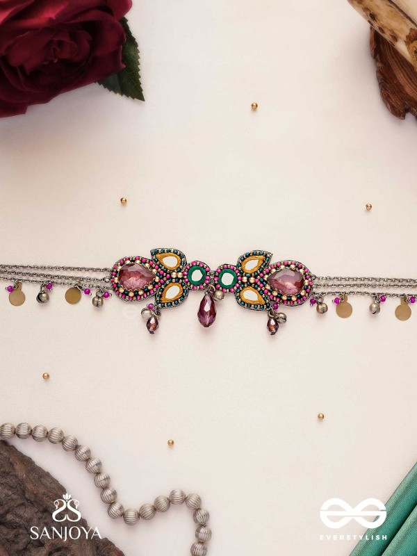 Vimohan - The Tempting Gaze - Stones, Mirror, Coins And Glass Drops Hand Embroidered Oxidised Choker Neckpiece