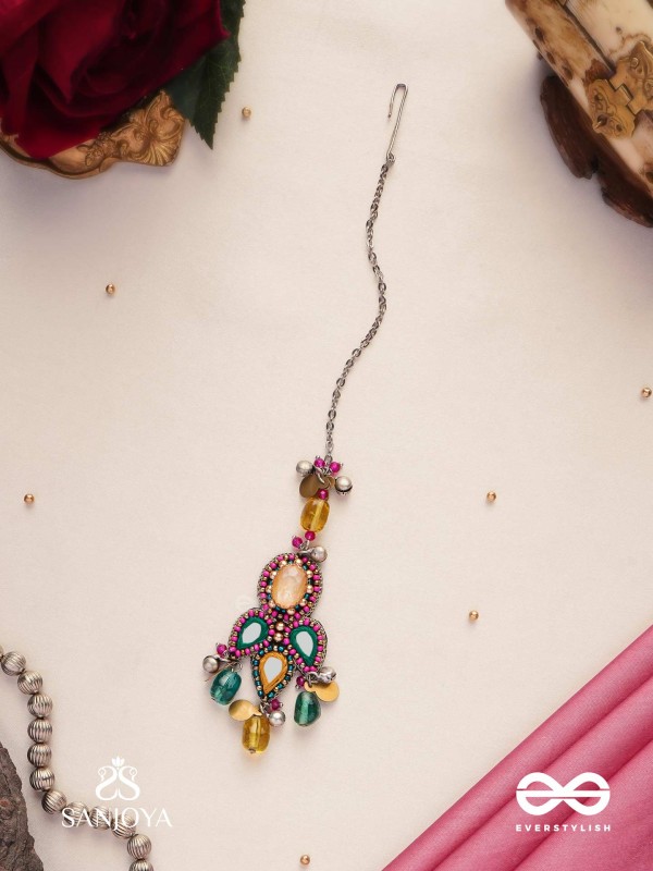 Prashman - The Calming Beauty - Stones, Mirror, Coins And Glass Drops Hand Embroidered Oxidised Maangtika