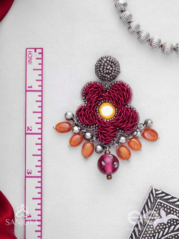 Svastmit - Bloom In The Sunset - Mirror, Dabka, Resham And Glass Drops Hand Embroidered Oxidised Earrings