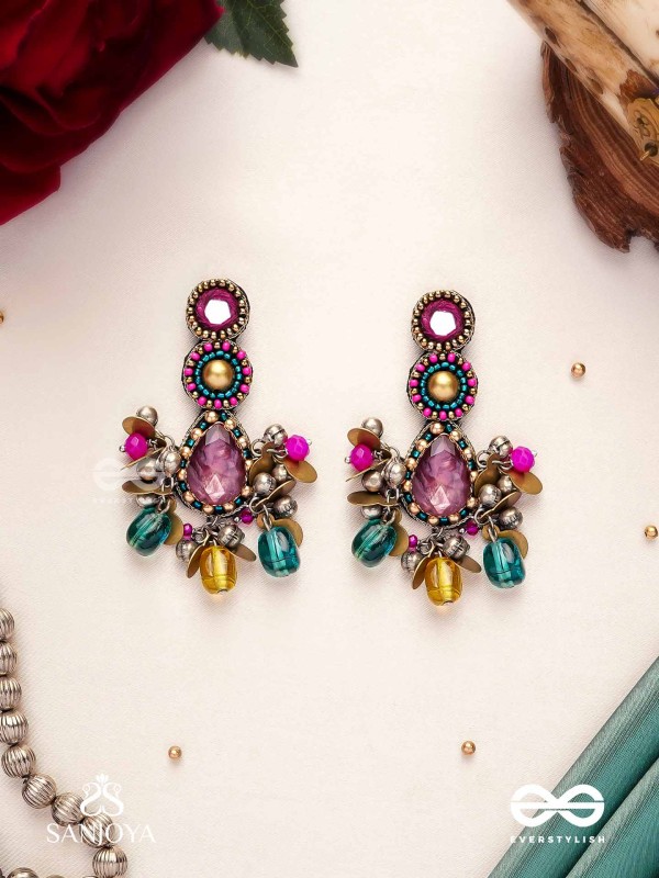 Agrihini - The Amethyst Glow - Stones, Mirrors, Coins And Glass Drops Hand Embroidered Earrings
