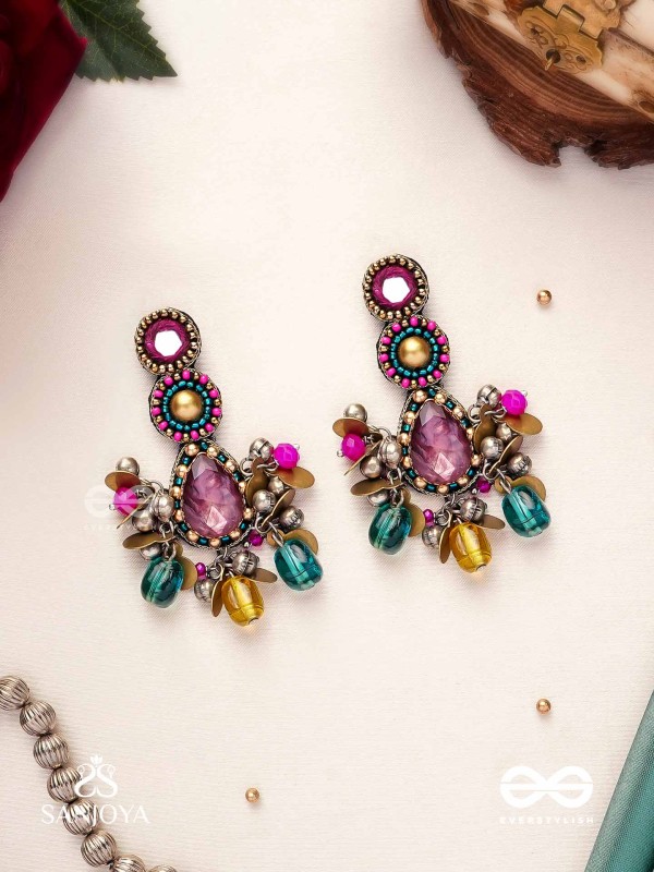 Agrihini - The Amethyst Glow - Stones, Mirrors, Coins And Glass Drops Hand Embroidered Earrings