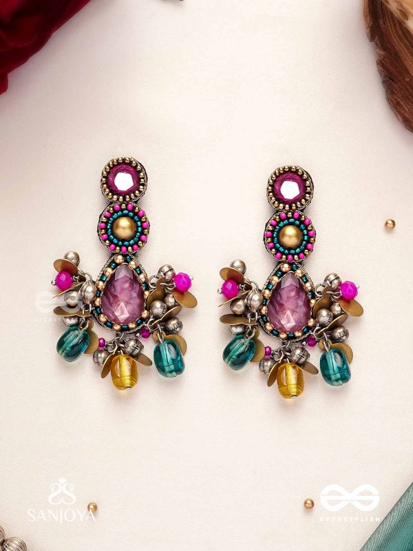 Agrihini - The Amethyst Glow - Stones, Mirrors, Coins And Glass Drops Hand Embroidered Earrings