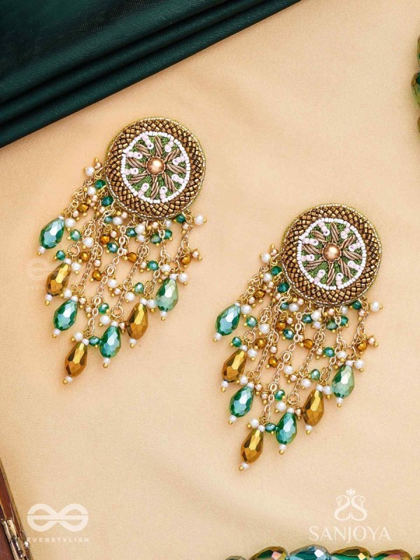 Varsham - The Captivating Rainfall - Cutdana, Dabka, Beads And Glass Drops Hand Embroidered Earrings