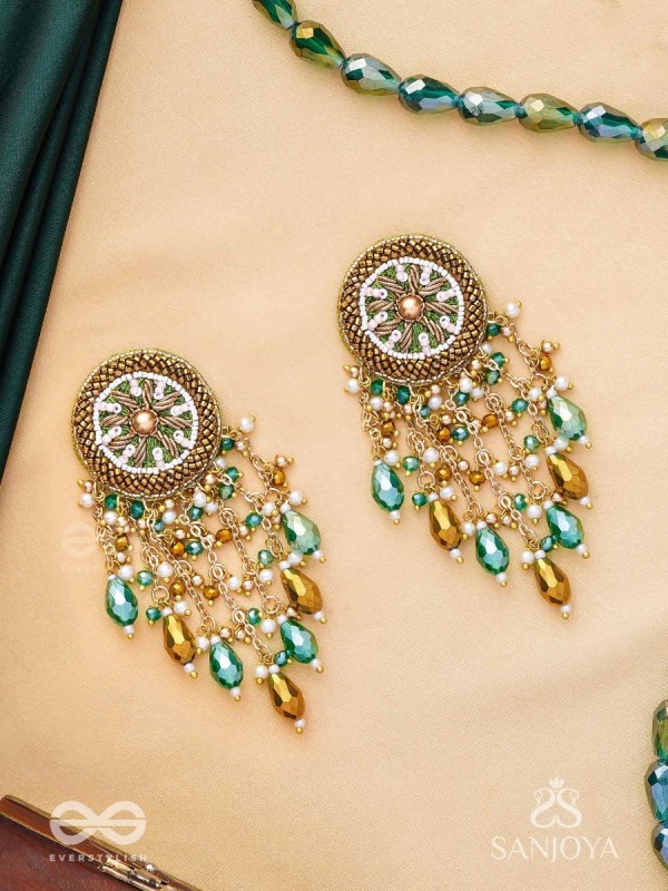 Varsham - The Captivating Rainfall - Cutdana, Dabka, Beads And Glass Drops Hand Embroidered Earrings
