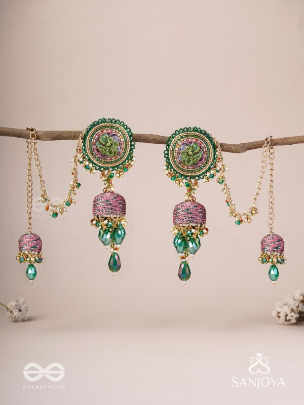 Puravati - The Vineyard Castles - Resham, Beads And Glass Drops Hand Embroidered Jhumka Chain Earrings