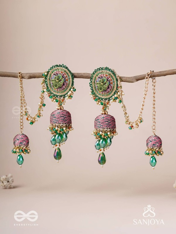 Puravati - The Vineyard Castles - Resham, Beads And Glass Drops Hand Embroidered Jhumka Chain Earrings