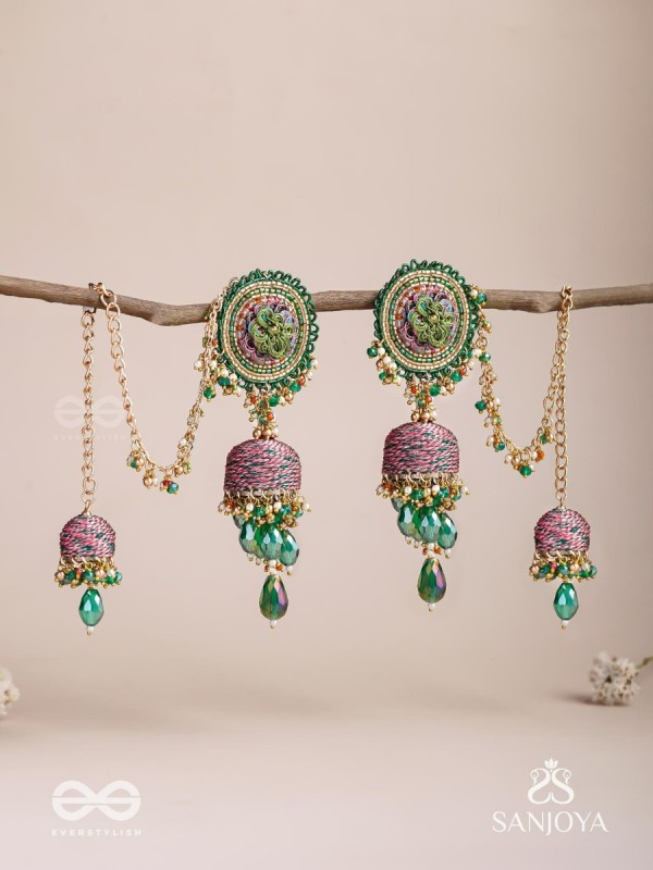 Puravati - The Vineyard Castles - Resham, Beads And Glass Drops Hand Embroidered Jhumka Chain Earrings