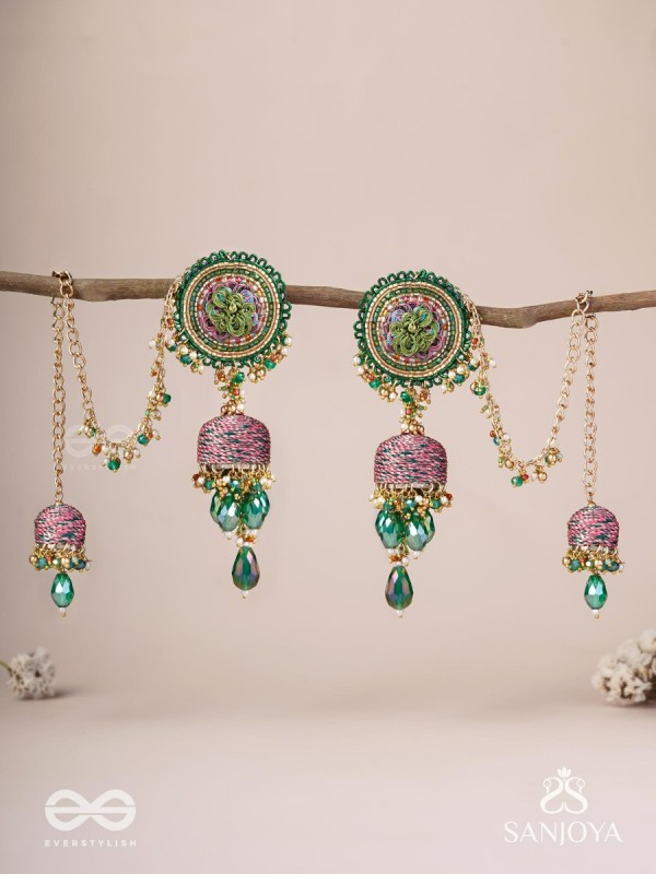 Puravati - The Vineyard Castles - Resham, Beads And Glass Drops Hand Embroidered Jhumka Chain Earrings