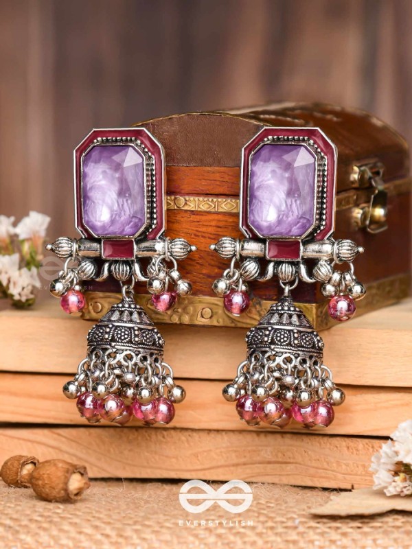 Seasons Of Lavender - Stone Enamelled Oxidised Jhumka Earrings