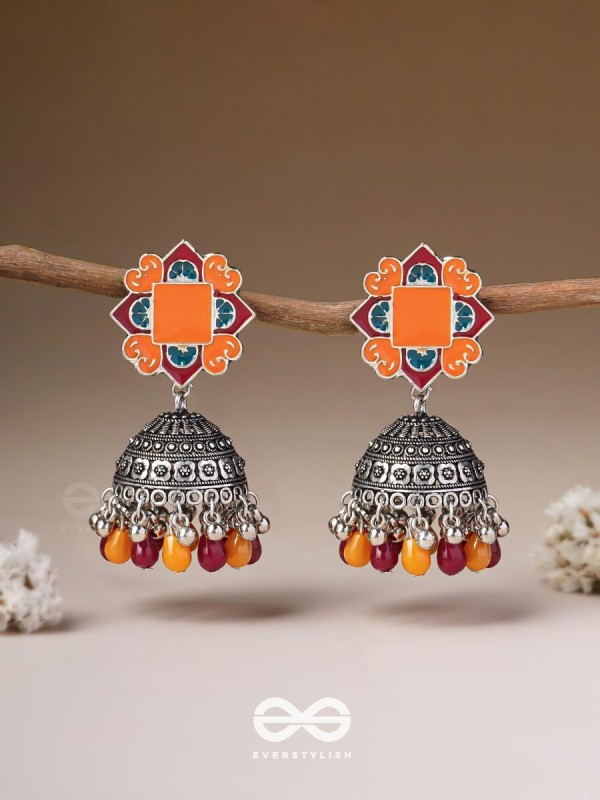 The Warm Hues - Enamelled Oxidised Jhumka Earrings