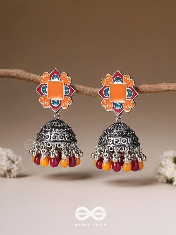 The Warm Hues - Enamelled Oxidised Jhumka Earrings