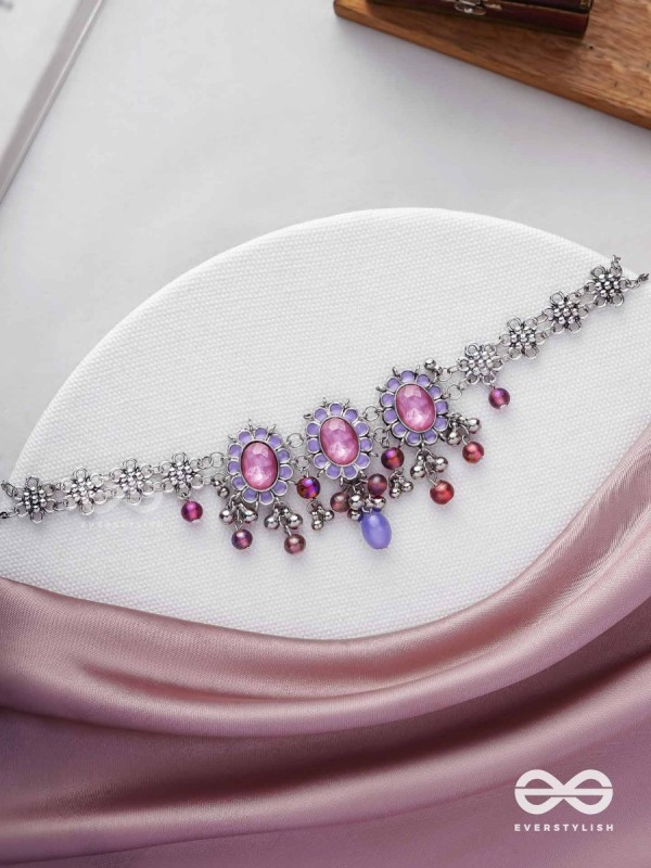 The Flowery Essence - Stone And Glass Drops Enamelled Oxidised Neckpiece