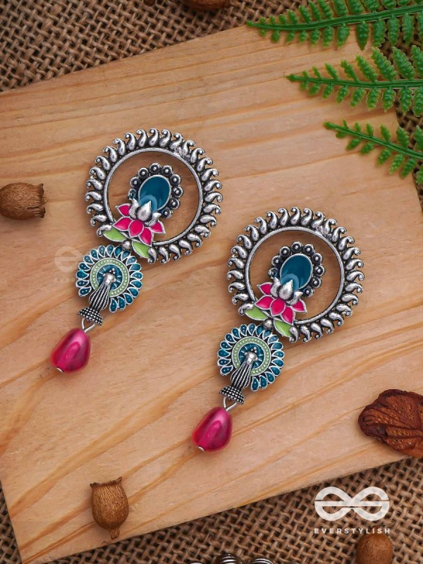 The Peacock Nelumbos - Enamelled Oxidised Earrings