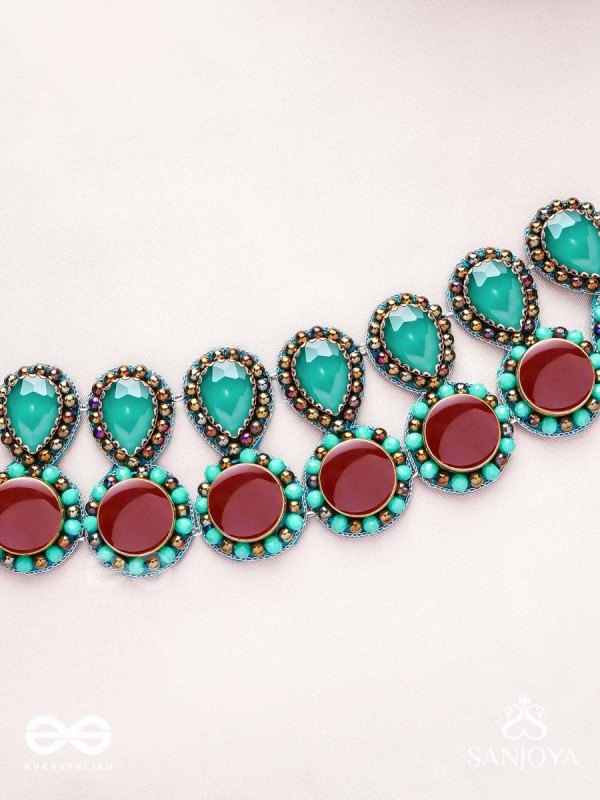 Palash - The Green Serenade - Stones And Beads Hand Embroidered Choker Neckpiece