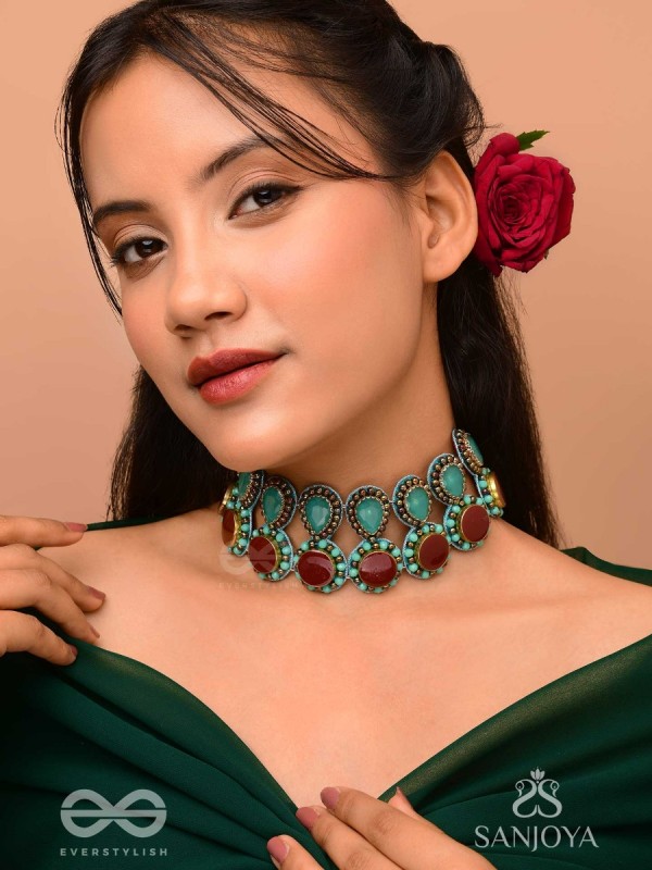 Palash - The Green Serenade - Stones And Beads Hand Embroidered Choker Neckpiece