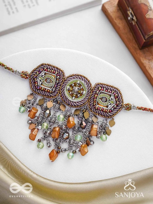 Adrikila - The Earth-Bound - Resham, Dabka And Glass Drops Hand Embroidered Oxidised Choker Neckpiece