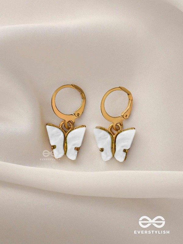 Take The Sky Like A Butterfly - Cute Golden Dangler Earrings (White)