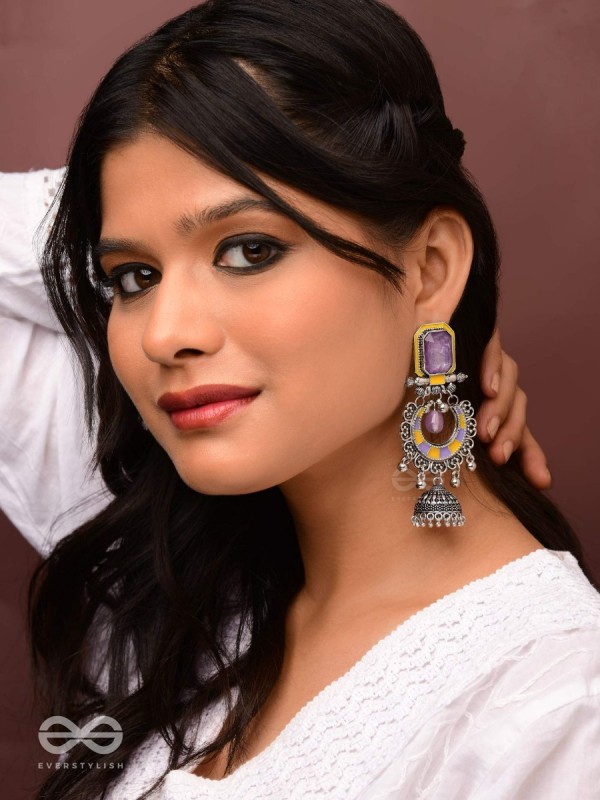 The Lavender Rays - Stone Enamelled Oxidised Earrings