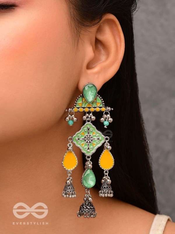 The Sunlit Grove - Stones Enamelled Oxidised Earrings