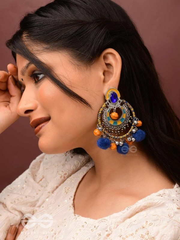 Manishyam - The Sapphire Radiance - Stone, Resham And Beads Hand Embroidered Enamelled Oxidised Earrings