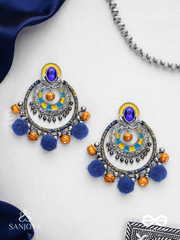 Manishyam - The Sapphire Radiance - Stone, Resham And Beads Hand Embroidered Enamelled Oxidised Earrings